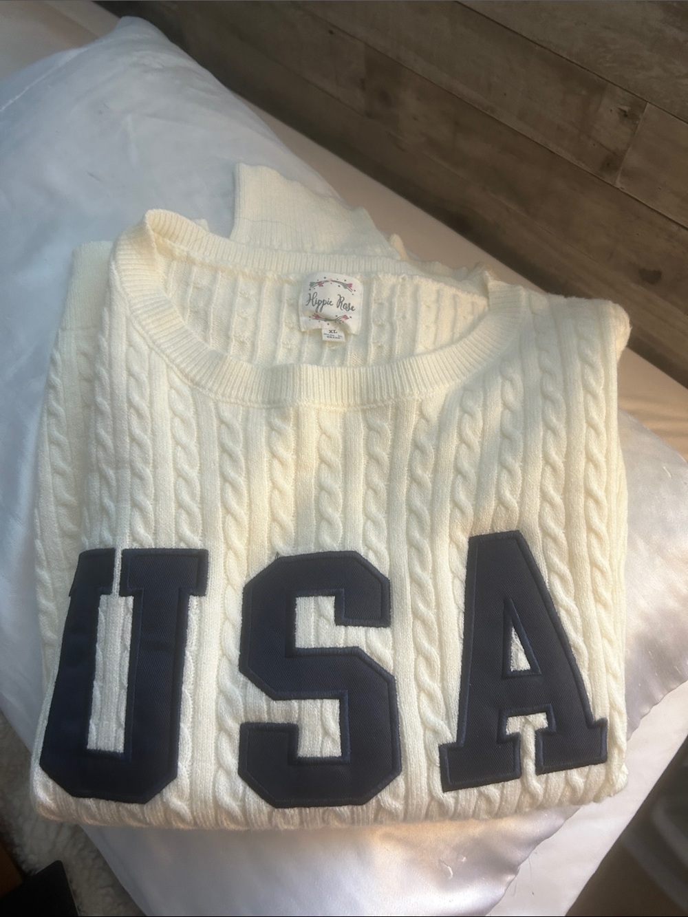 Hippie Rose Ivory Cable Knit Crewneck Sweater with Navy USA Applique
